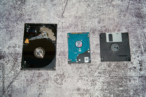 Three data storage devices, a 3.5 inch hard drive, a 2.5 inch hard drive, and a floppy disk arranged in a line on a concrete surface