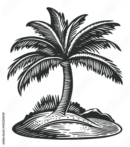 Detailed Black and White Illustration of a Tropical Palm Tree