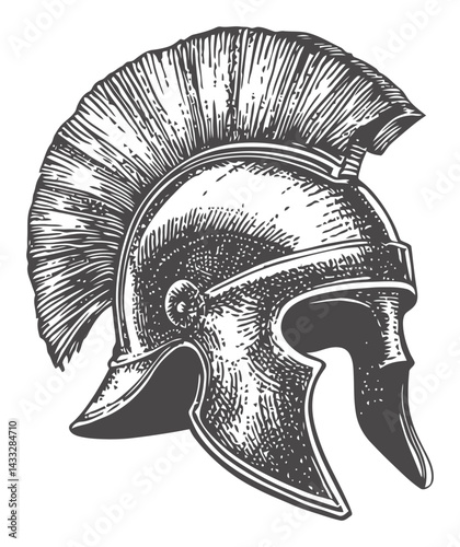 Detailed Illustration of a Vintage Roman Gladiator Helmet in Engraving Style