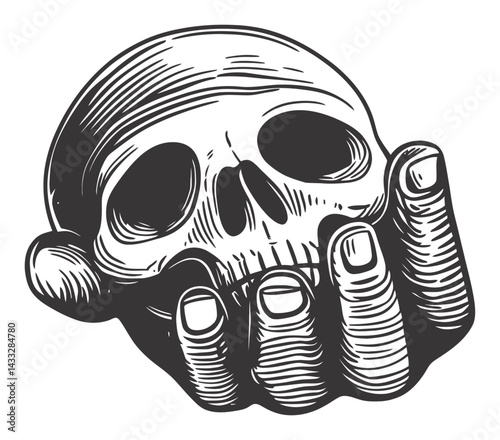 Engraving of a Skull Held in a Hand with Detailed Illustration Style