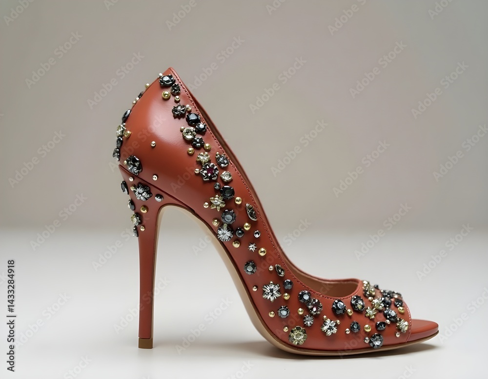 Obraz premium Side View of the high heels with The alluring high heel curve, sharp cut and glam embellishments on these high heels highlight the feminine silhouette from the side