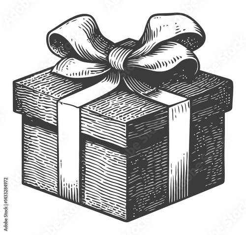 Vintage Style Engraved Illustration of a Gift Box with Ribbon