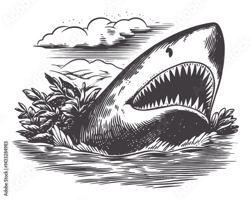 Vintage Shark Illustration in Engraving Style with Bold Lines and Detail