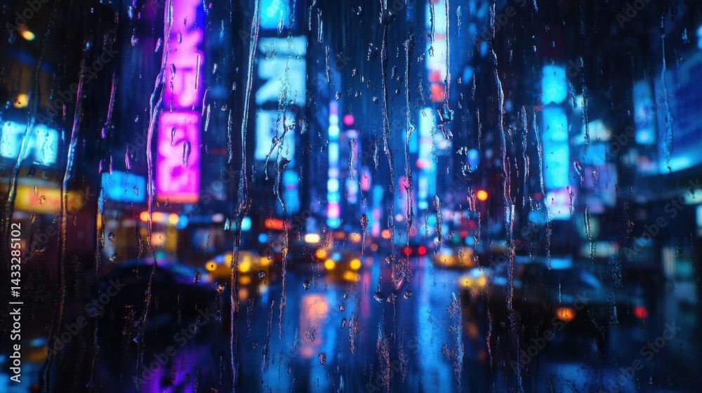 Fototapeta premium Raindrops on Glass with City Lights Reflection Ultra700