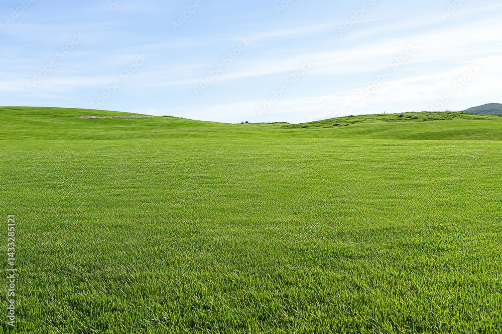 Fototapeta premium Rolling hills stretch under a clear blue sky, showcasing vibrant green grass across the landscape