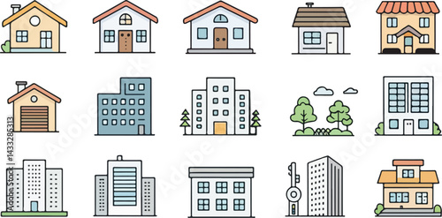 Silhouette real estate icons set. Set of outline variant silhouette real estate symbol icons collection
