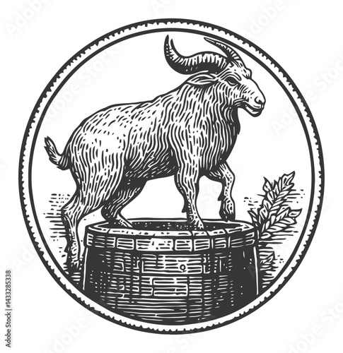 Engraved Illustration of a Goat Standing on a Barrel, Vintage Style