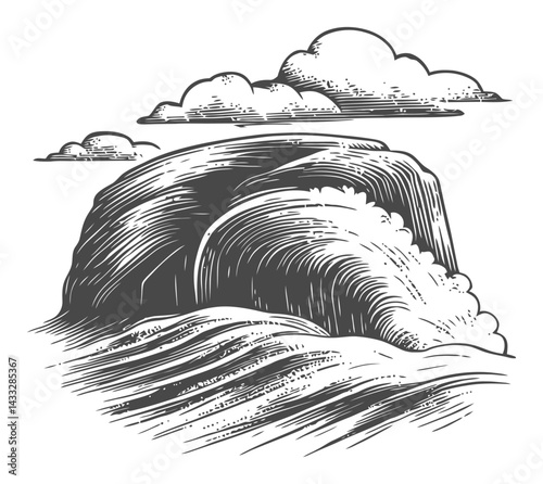Detailed Illustration of Rock Formation with Waves and Clouds