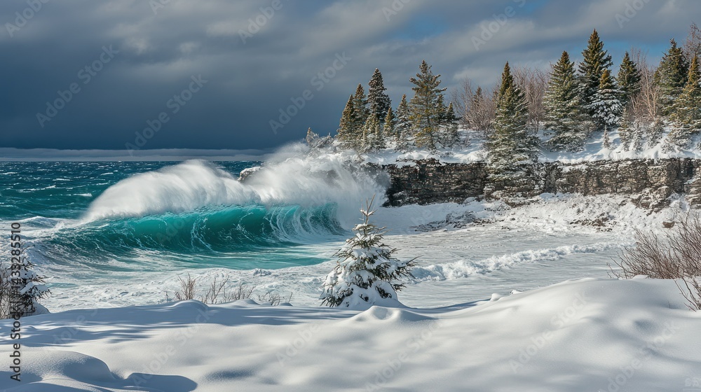 Obraz premium A powerful ocean wave crashes against a snow covered shoreline