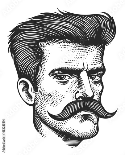 Vintage Style Engraving of a Man with a Mustache and Serious Expression