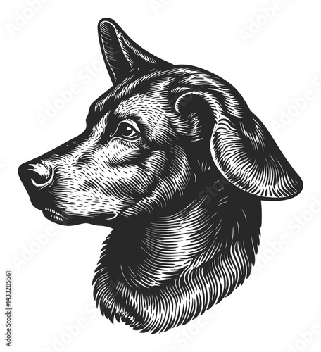 Detailed Black and White Engraving of a Dog's Head in Vintage Style