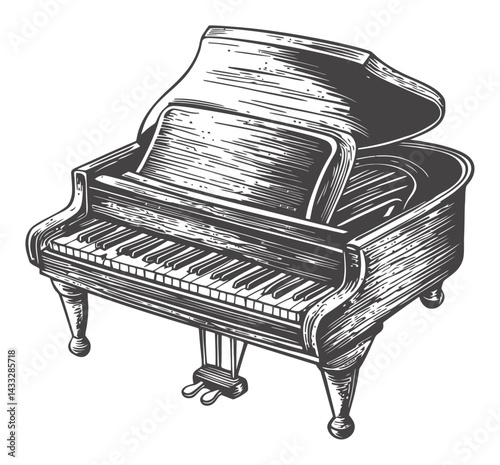 Vintage Engraving of a Grand Piano in Distinctive Woodcut Style