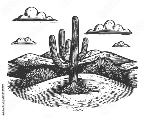 Engraved Cactus Landscape with Clouds and Mountains in Black and White