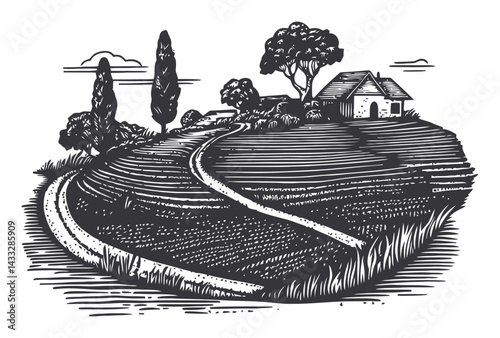 Serene Rural Landscape with House and Winding Path Illustration