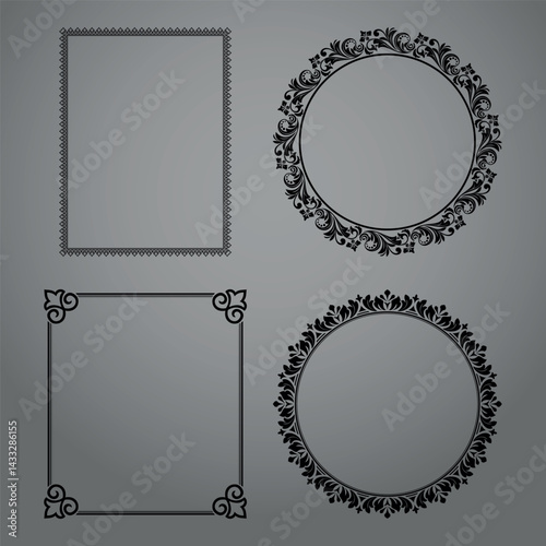 Set of decorative frames Elegant vector element for design in Eastern style, place for text. Floral black and gray borders. Lace illustration for invitations and greeting cards