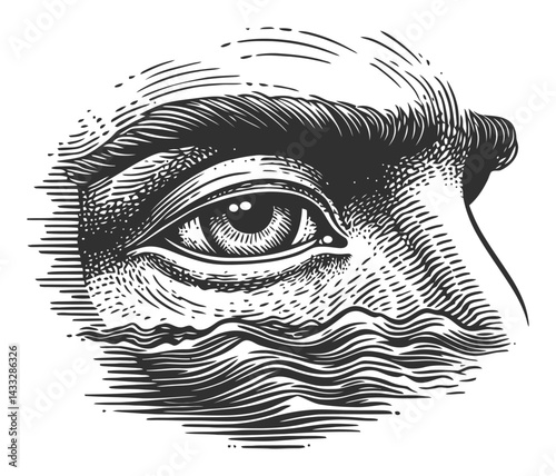 Intricate Engraving of Eye with Water Wave Motif in Black and White