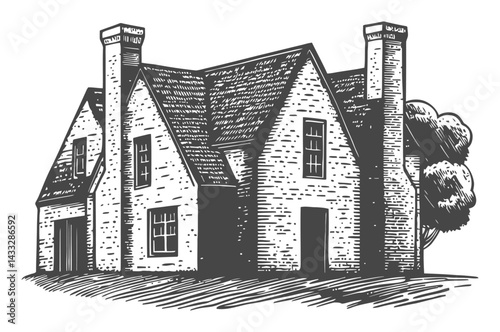 Vintage Style Drawing of a Charming House with Chimneys and Trees