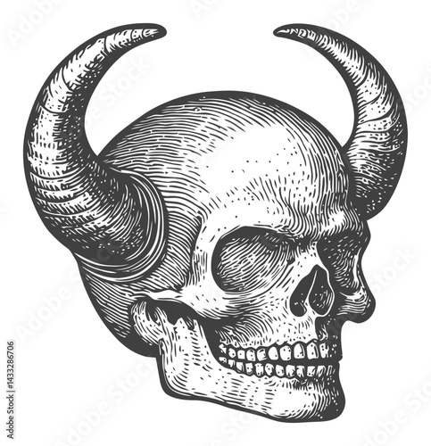 Engraved Skull with Horns in Classic Woodcut Illustration Style