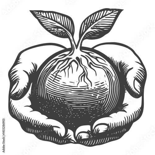 Detailed Engraving of Hands Holding a Sprouting Seedling Illustration