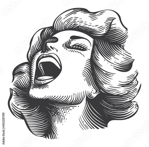 Vintage Engraving of a Woman with Hair Blowing and Open Mouth