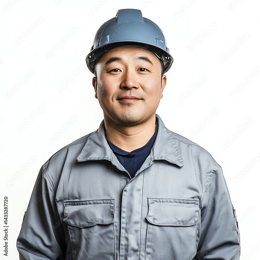 Fototapeta premium A worker Chinese wearing grey site outfit smiling stand