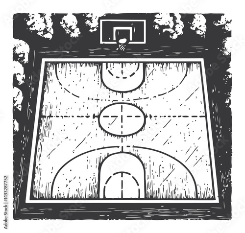 Vintage Woodcut Illustration of a Basketball Court Layout
