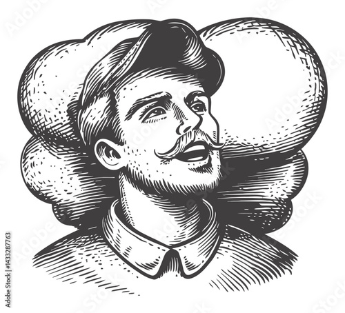 Vintage Engraved Portrait of a Man with Mustache and Thought Bubble