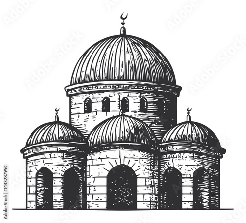 Detailed Engraving of an Ornate Mosque with Multiple Domes