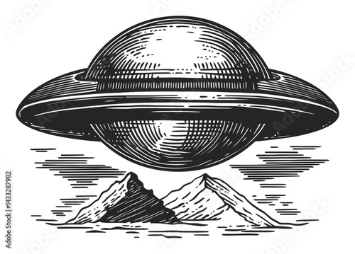 Engraved Illustration of Saturn Above Mountain Landscape in Classic Style