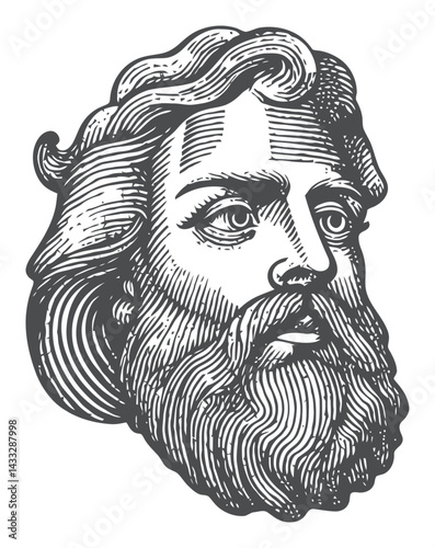 Detailed Vintage Engraving of a Classical Bearded Man's Head