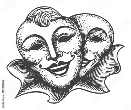 Vintage Engraved Illustration of Two Joyful Comedy Masks