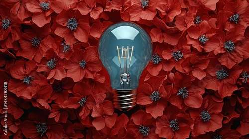 Illuminating Ideas: A Blue Lightbulb Amidst Crimson Blossoms