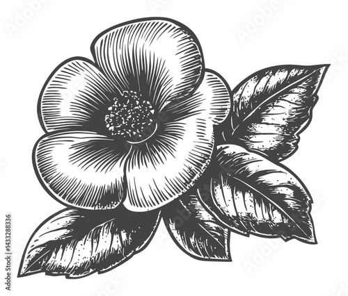 Vintage Floral Engraving with Detailed Leaves and Petals Design