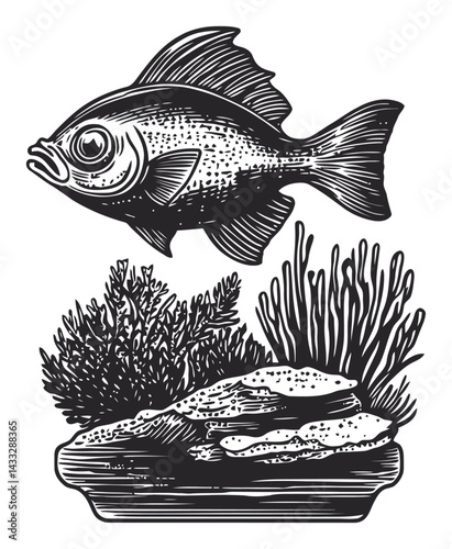 Detailed Engraving Illustration of a Fish with Aquatic Plants