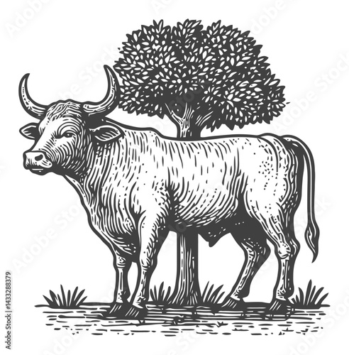 Detailed Engraving of a Bull Beside a Tree in Classic Style