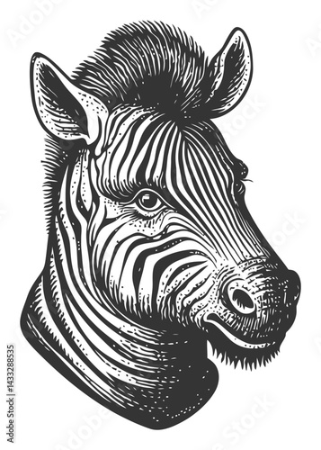 Detailed Black and White Engraving of a Zebra in Vintage Style