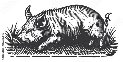Detailed Engraving of a Pig in Classic Woodcut Style Artwork