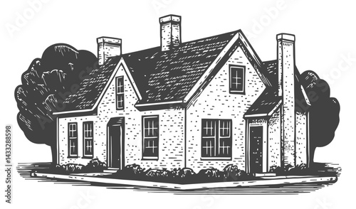 Vintage Style House Engraving with Detailed Attachments and Landscape
