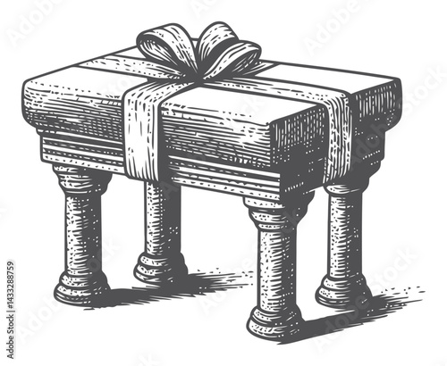 Engraved Gift Box with Ribbon on Stylish Wooden Legs Illustration