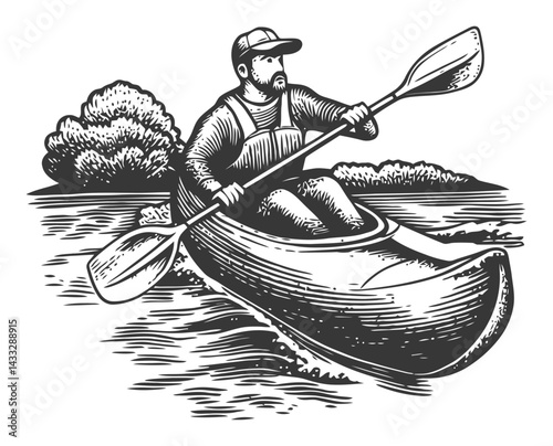 Black and White Engraving of a Man Kayaking in Nature Scene