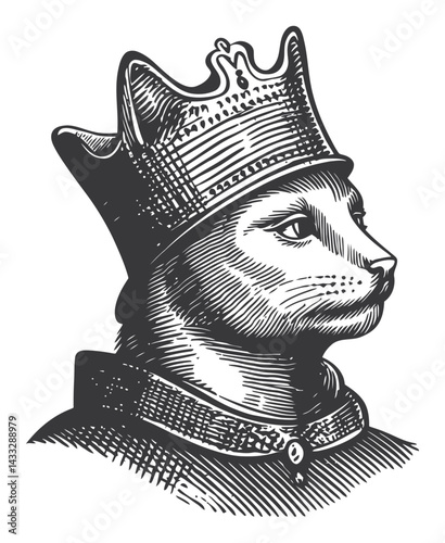 Regal Cat Portrait Engraving with Crown and Collar in Vintage Style