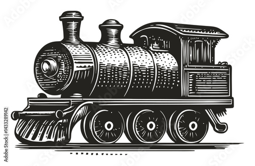Vintage Steam Locomotive Woodcut Style Illustration Artwork