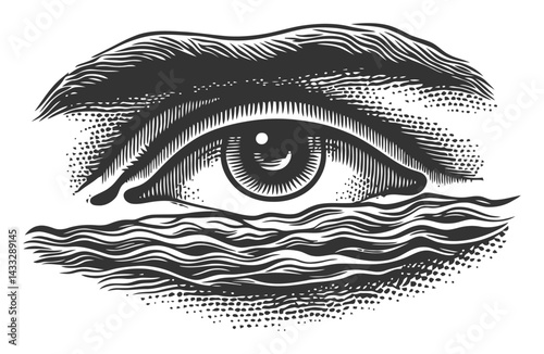Engraved Eye Illustration with Waves in Classic Woodcut Style
