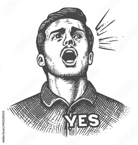 Vintage Engraving of Man Shouting Yes in Classic Illustration Style