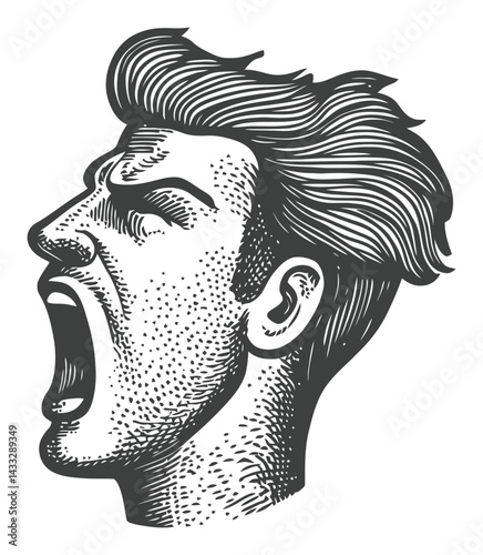 Vintage Engraving of a Man Yelling with Detailed Hair and Expression