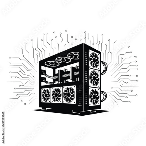 Cryptocurrency mining rig Silhouette, Vector, Icon, Logo, White Background.