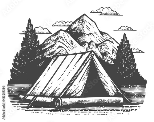 Vintage Camping Scene with Tent and Mountains in Engraving Style