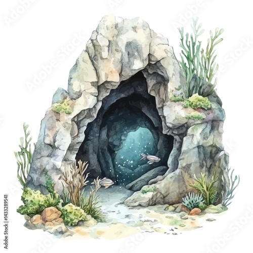 Mysterious Underwater Cave, vector watercolor illustration, isolated on a white background.