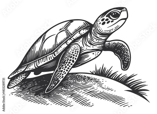 Detailed Engraving Style Illustration of a Turtle in Motion