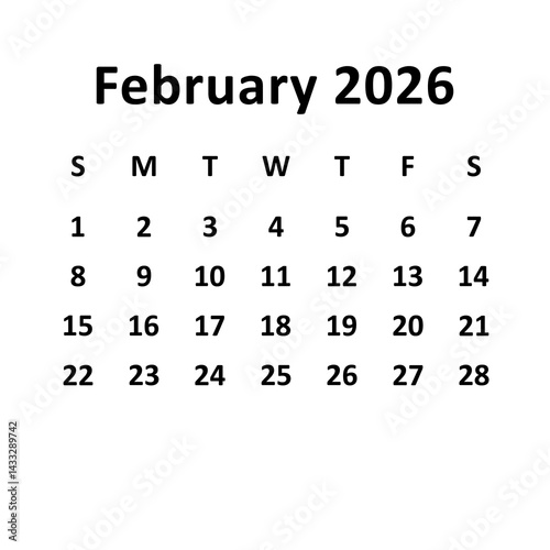 February 2026. monthly calendar design. week starts on sunday. printable, editable, simple, and clean vector design isolated on white background.